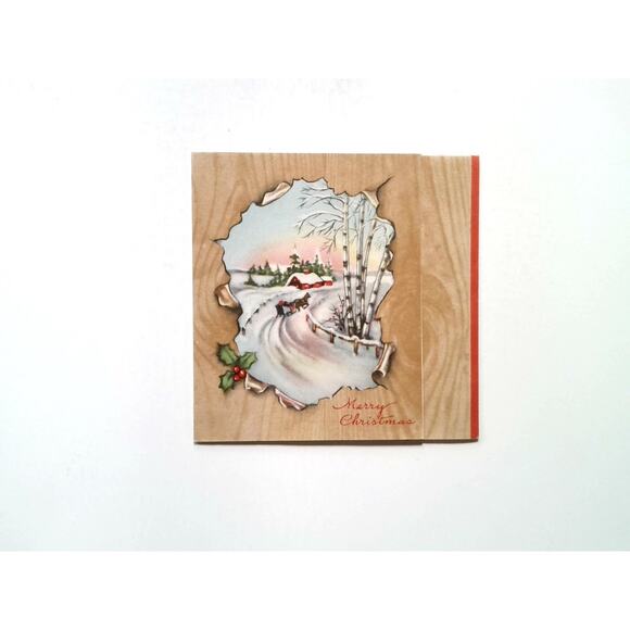 Vintage Christmas Greeting Card Wood Panel Snowy Scene Made in USA - Picture 1 of 3